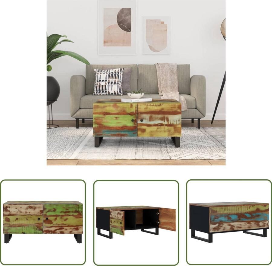 The Living Store Salontafel Houten bijzettafel met praktische deuren 80 x 50 x 40 cm Massief gerecycled hout Salontafel Bijzettafel Houten Tafel Multifunctionele Tafel Vintage Tafel - Foto 3