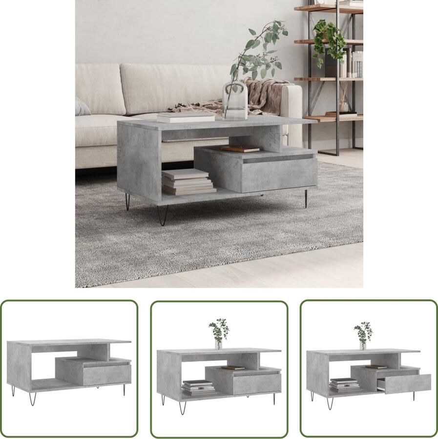 The Living Store Salontafel Trendy Bijzettafel met lade Bewerkt hout Vochtbestendig Stevig tafelblad Metalen poten Salontafel Bijzettafel Houten Tafel Grijze Tafel Modern Meubilair