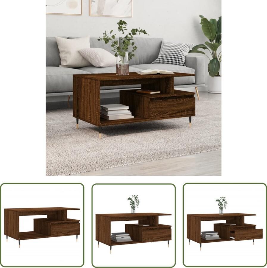 The Living Store Bijzettafel Salontafel Bruineiken 90 x 49 x 45 cm Met lade Salontafel Bijzettafel Houten Salontafel Bruin Meubilair Bruineiken Tafellaar