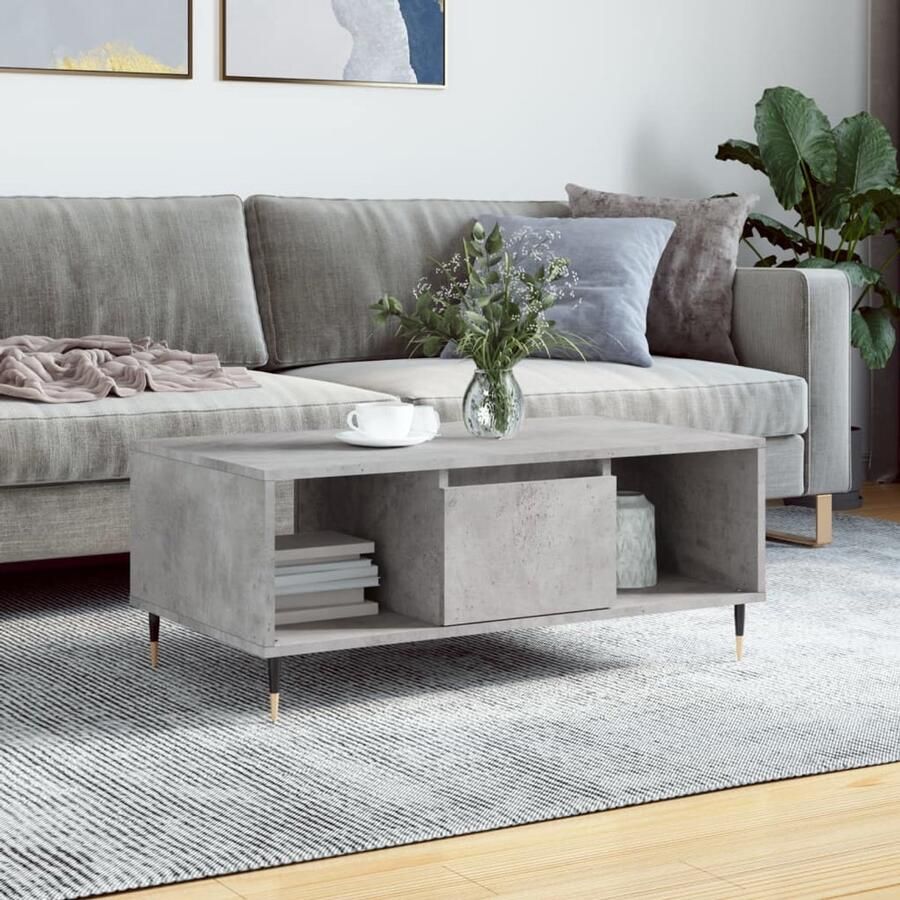 The Living Store Salontafel Betongrijs 90 x 50 x 36.5 cm Bewerkt hout en metaal Salontafel Beton Look Houten Salontafel Bijzettafel Living Room Furniture - Foto 2