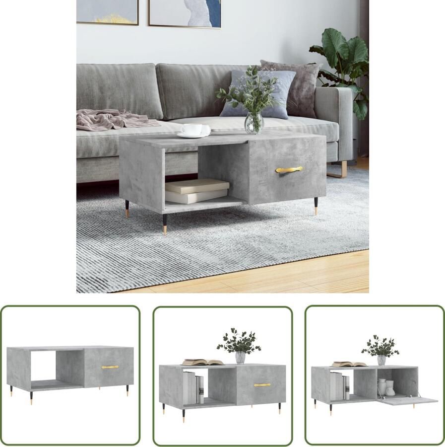 The Living Store Salontafel Betongrijs 90x50x40 cm Duurzaam bewerkt hout en ijzer Salontafel Bijzettafel Houten Salontafel Beton Grijze Salontafel Met Lade