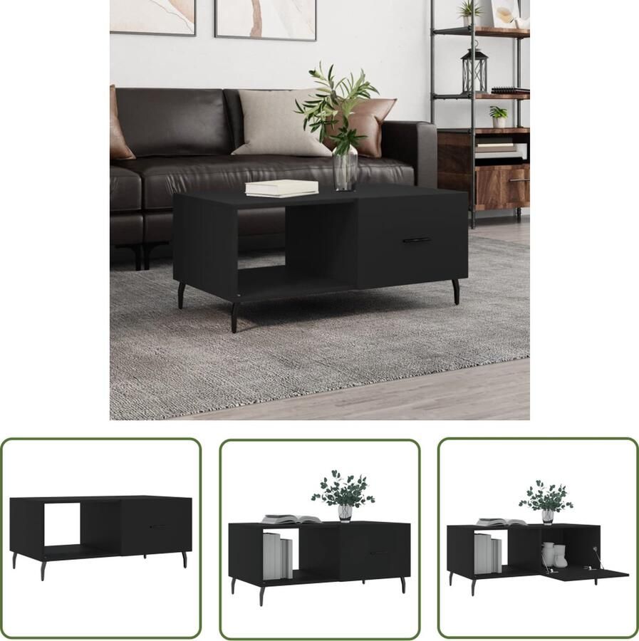 The Living Store Salontafel Trendy Bijzettafel 90 x 50 x 40 cm Zwarte Bewerkt Hout en IJzer Salontafel Bijzettafel Houten Salontafel Zwarte Salontafel Moderne Salontafel - Foto 2