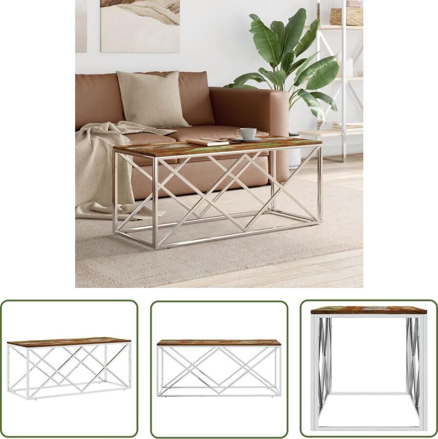 The Living Store Salontafel Urban Massief gerecycled hout 110 x 45 x 45 cm RVS frame Salontafel Bijzettafel Houten Salontafel Industriële Salontafel Vintage Salontafel