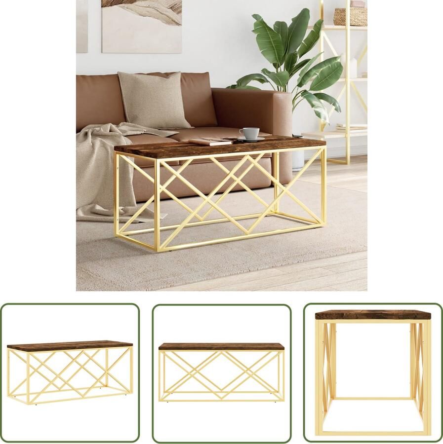 The Living Store Salontafel RVS Gerecycled hout Glazen tafelblad 110x45x45 cm Salontafel Bijzettafel Houten Salontafel Roestvrijstaalsalontafel Vintage Salontafel