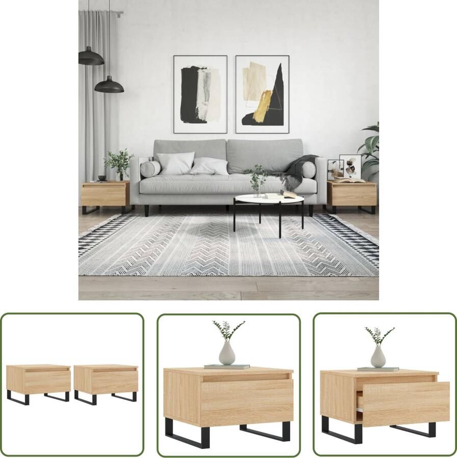 The Living Store Salontafel Bijzettafel met lade Stevig tafelblad Metalen poten Salontafel Bijzettafel Houten Tafel Bruine Tafel Design Tafel