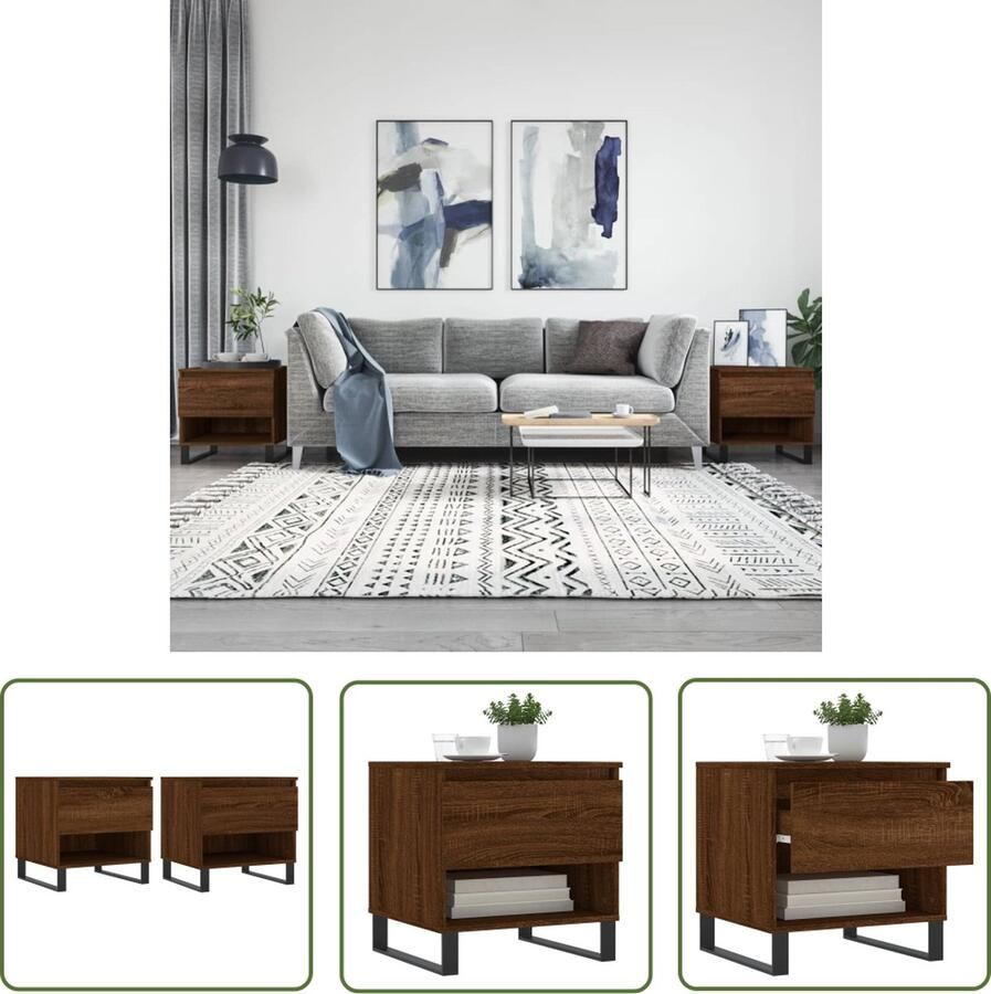 The Living Store Salontafelset Bewerkt hout en metaal 50 x 46 x 50 cm Bruineiken Salontafel Bijzettafel Houten Salontafel Salontafeltje Bruin