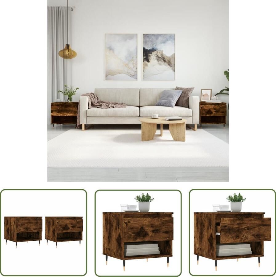 The Living Store Bijzettafel Salontafel met 1 lade en 1 vak Bewerkt Hout Stevig Tafelblad Metalen Poten Salontafel Bijzettafel Houten Salontafel Gerookt Eiken Living Room Furniture
