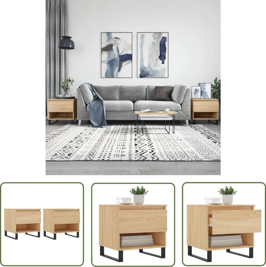The Living Store Salontafels 2 st 50x46x50 cm bewerkt hout sonoma eikenkleurig Salontafel Bijzettafel Houten Salontafel Modern Design Bruine Salontafel