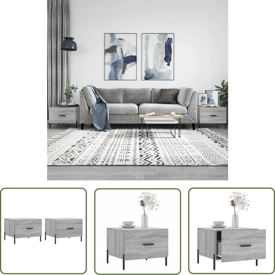 The Living Store Salontafels Grijs Sonoma Eiken 50 x 50 x 40 cm Duurzaam bewerkt hout Met lade en ijzeren poten Salontafel Bijzettafel Houten Salontafel Grijze Salontafel Set