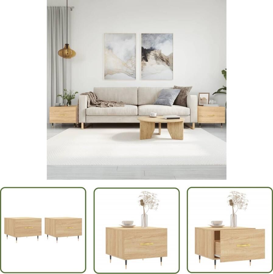 The Living Store Salontafels Trendy Bijzettafel met lade Stevig tafelblad IJzeren poten Sonoma eiken 50x50x40 cm Montage vereist 2 stuks Salontafel Bijzettafel Houten Tafel Tafeltje Eiken Meubilair