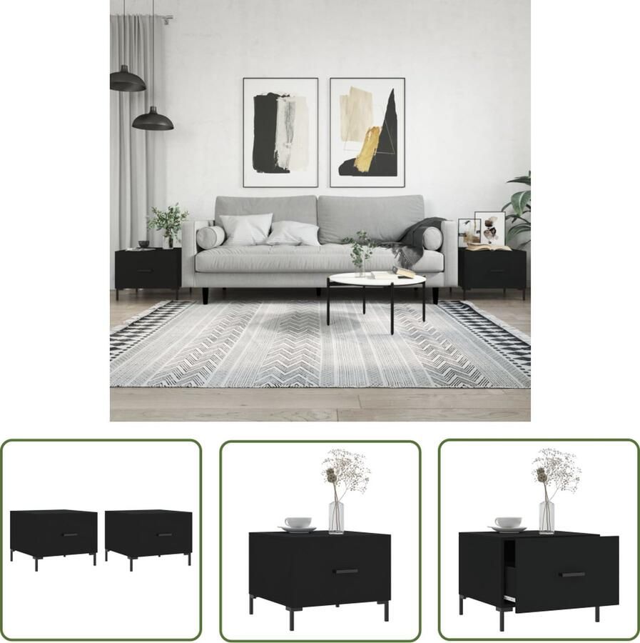 The Living Store Salontafel Trendy Bijzettafel met lade Stevig tafelblad IJzeren poten Zwart Hout IJzer 50x50x40 cm Montage vereist 2x stuk Salontafel Bijzettafel Houten Tafel Metalen Tafelpoten Zwarte Tafel