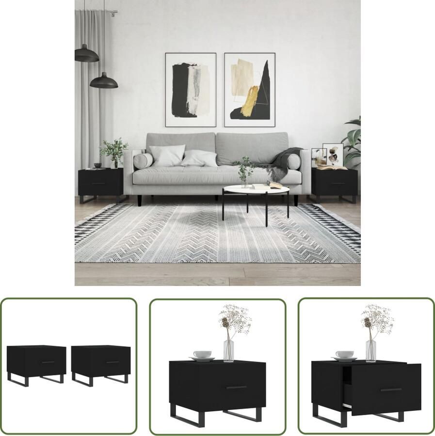 The Living Store Salontafels trendy Bijzettafel met lade Stevig tafelblad IJzeren poten Zwart 50x50x40cm Montage vereist Levering bevat 2x Salontafel Bijzettafel Koffietafel Houten Tafel Metalen Tafel