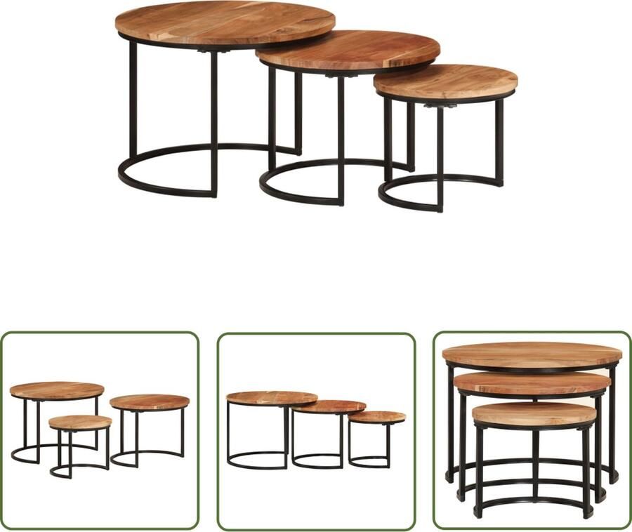 The Living Store Salontafel Set Acaciahout Zwart frame 55x40 cm 45x35 cm 35x29 cm Salontafel Bijzettafel Acacia Houten Meubilair Nestkasten Stackable Coffee Table