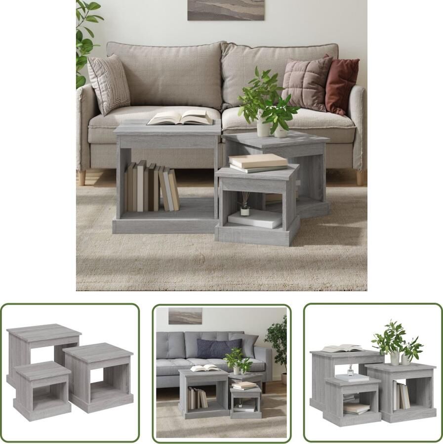 The Living Store 3-delige Salontafelset bewerkt hout grijs sonoma eikenkleurig Salontafelset Bijzettafel Houten Meubilair Eiken Kleur Grijze Meubels
