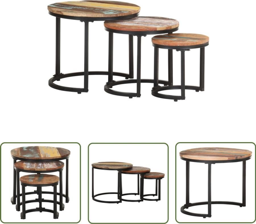 VidaXL Bijzettafel Set Massief Gerecycled Hout 3 Stuks Bijzet Tafel Industrieel Design Houten Bijzettafel Multifunctionele Tafel Vintage Meubels Recycled Wood Furniture