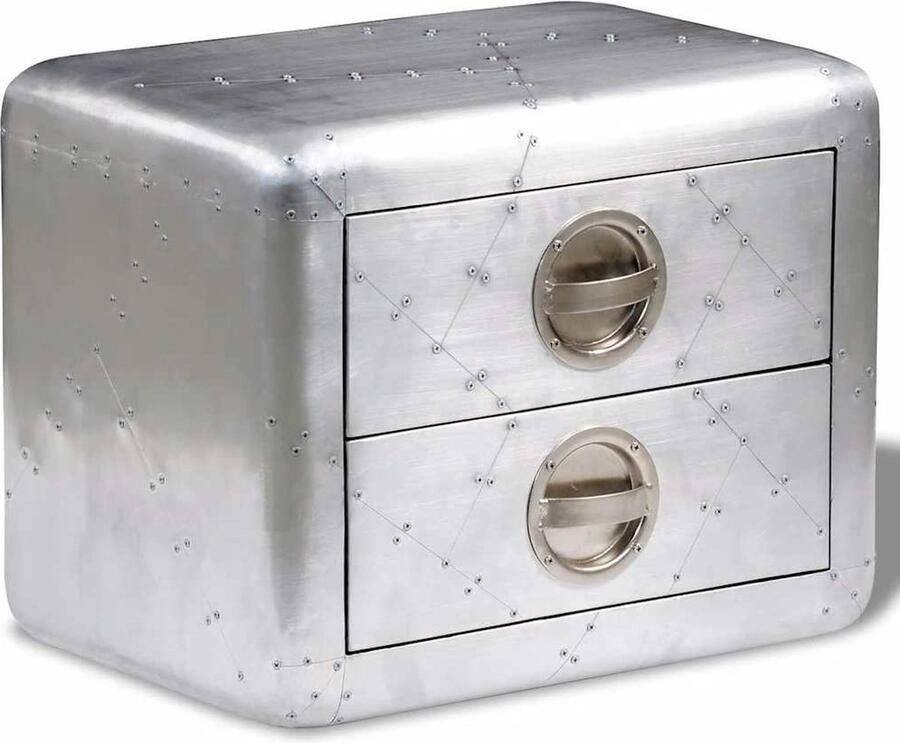 VidaXL Bijzettafel Vintage Luchtvaartstijl 2 Lades Bijzettafel Vintage Meubilair Industriële Stijl Metalen Kast Houten Frame Aluminum Zilver
