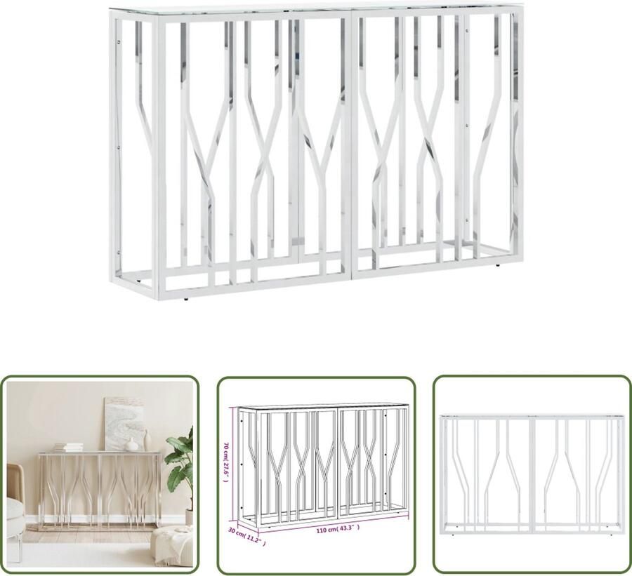The Living Store Wandtafel Modern Design Roestvrij Staal Gehard Glas 110 x 30 x 70 cm Zilver Wandtafel Bijzettafel Consoletafel Marmereffect Roestvaststaal - Foto 2