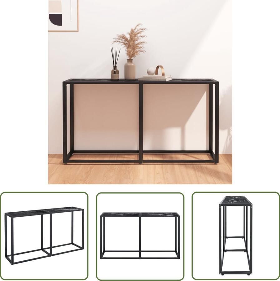 The Living Store Wandtafel Bijzettafel Staal en glas 140 x 35 x 75.5 cm Zwartmarmer Wandtafel Bijzettafel Salontafel Zwarte Tafels Glazen Tafels - Foto 2