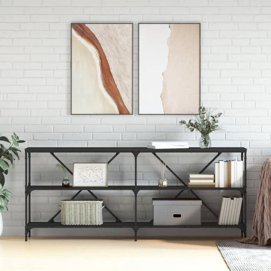 The Living Store Wandtafel 180x30x75 cm bewerkt hout en ijzer zwart Wandtafel Bijzettafel Zwarte Tafel Houten Tafel Industrieel Design