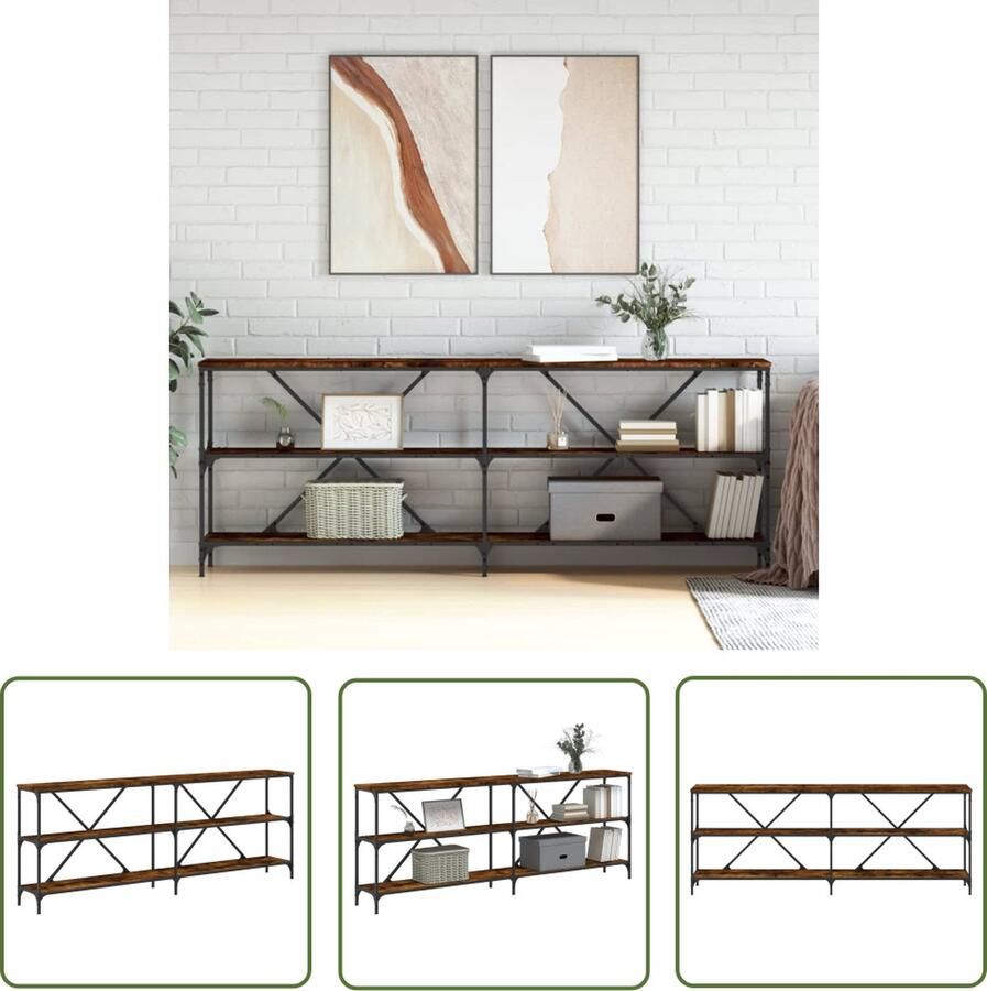 The Living Store Wandtafel 200x30x75 cm bewerkt hout en ijzer gerookt eikenkleur Wandtafel Bijzettafel Houten Tafeltje Roestbruine Tafel Vintage Tafel