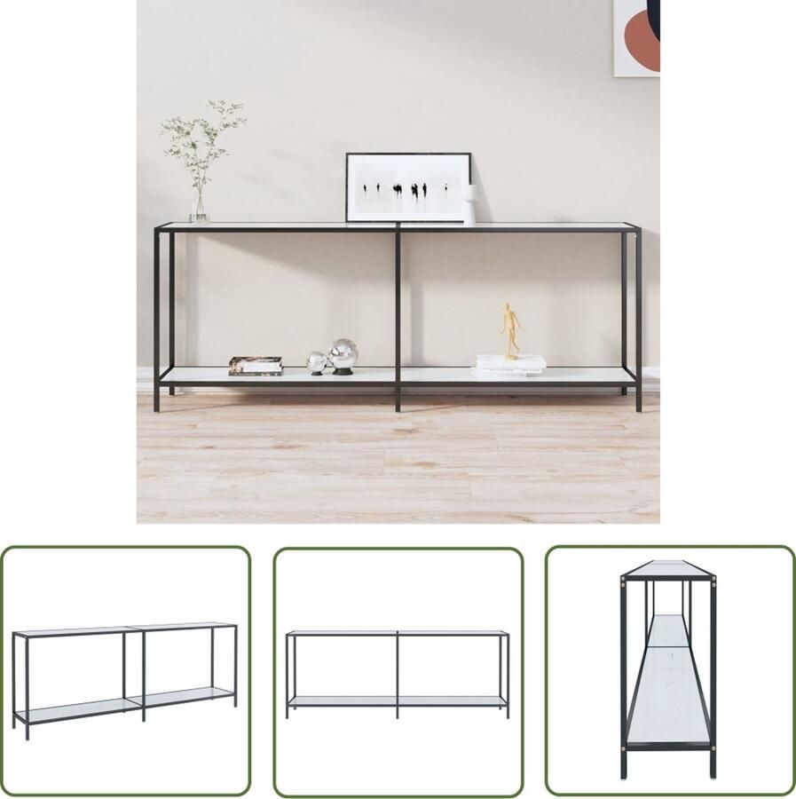 The Living Store Wandtafel Gehard glas en gepoedercoat staal 200 x 35 x 75.5 cm Wit Wandtafel Bijzettafel Salontafel Glazen Tafellaar Zwarte Wandtafel - Foto 2