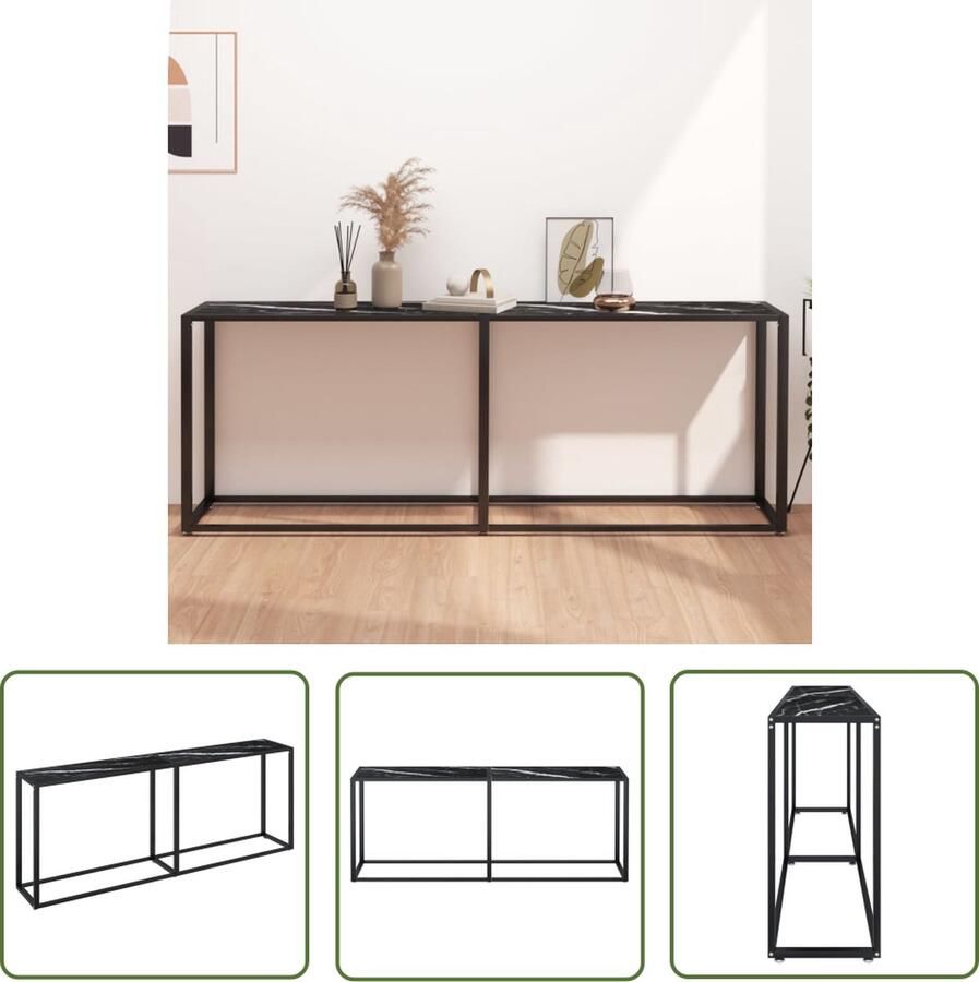 The Living Store Wandtafel 200x35x75 5 cm gehard glas zwartmarmerkleurig Wandtafel Bijzettafel Zwarte Tafels Glazen Tafels Industriële Wandtafel - Foto 2