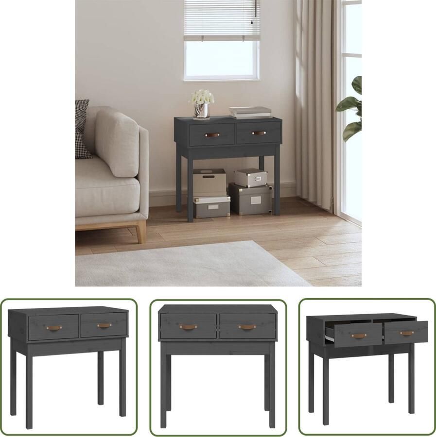 The Living Store Wandtafel Massief Grenen 76.5x40x75 cm 2 lades Grijs PU-leer Wandtafel Bijzettafel Grenoble Hout Grijze Kleur Opslagruimte - Foto 2