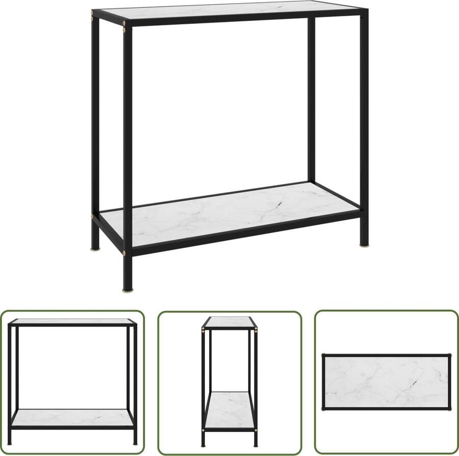 The Living Store Wandtafel Bijzettafel 80x35x75 cm Gehard glas Gepoedercoat staal Wit Zwart Met marmeren textuur Wandtafel Bijzettafel Salontafel Modern Design Witte Kleur - Foto 2