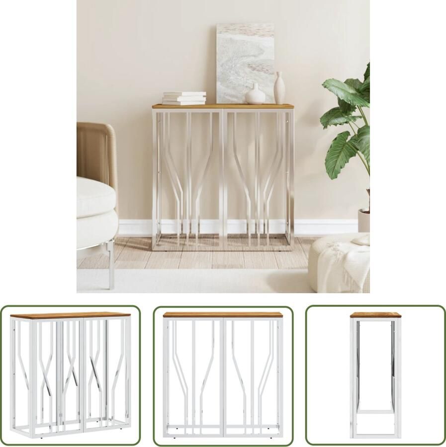 The Living Store Wandtafel roestvrij staal en massief acaciahout zilverkleurig Wandtafel Bijzettafel Acacia Hout Roestvrijstaal Zilver