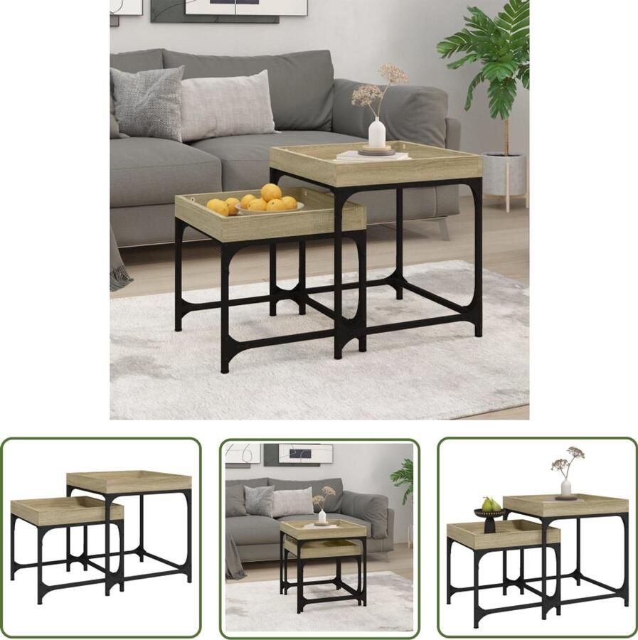 VidaXL Bijzettafels Set van 2 Sonoma Eiken Hout & Staal Bijzettafels Salontafeltje Houten Tafeltjes Industriele Meubelen Eiken Kleur Set Van Twee
