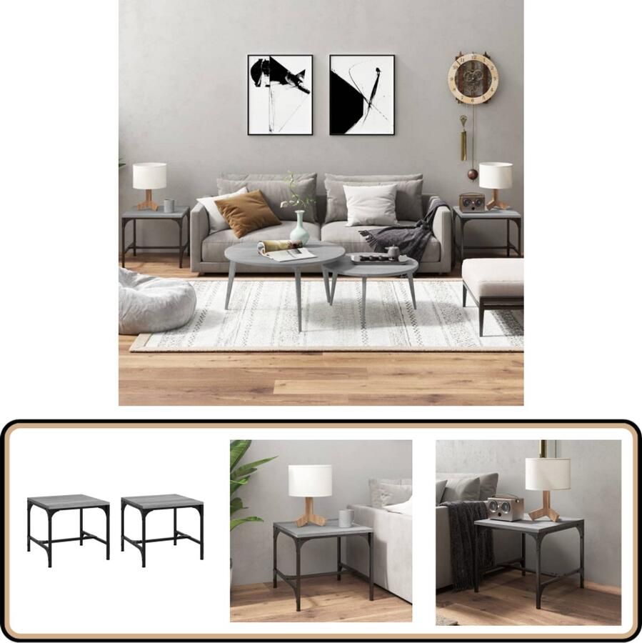 VidaXL Bijzettafels 2 stuks 40x40x35 cm Grijs Eiken Bijzettafels Industrieel Design Houten Meubels Grijze Meubelen Salontafels