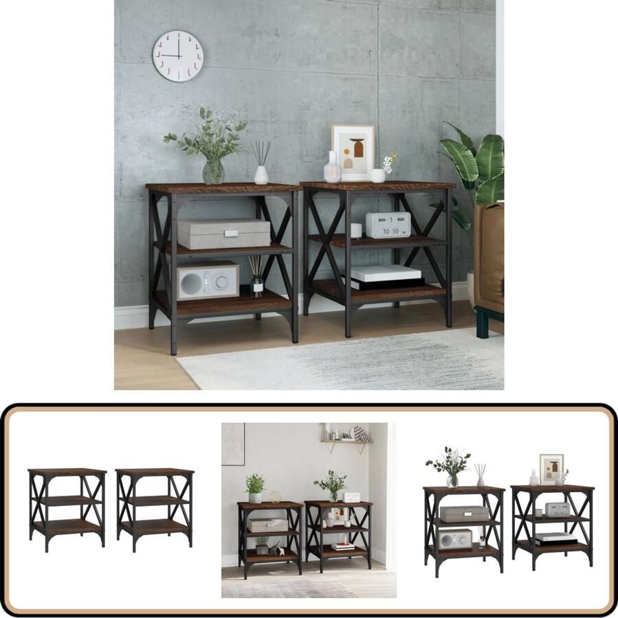 VidaXL Bijzettafels 2 stuks Bruin Eiken 40x42x50 cm Bijzettafel Industrieel Bruin Houten Bijzettafel Salontafel Tv Tafel Stoere Bijzettafel