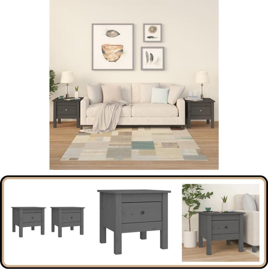 VidaXL Bijzettafels 2 stuks Grijs 40x40x39 cm Bijzettafel Grenenhouten Meubilair Grijze Meubelen Salontafeltje Sidetable