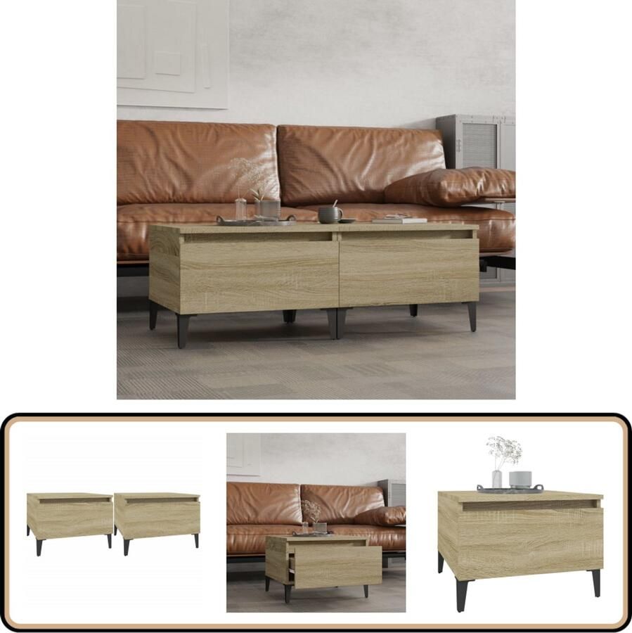 VidaXL Bijzettafels 2 stuks Sonoma eiken 50x46x35 cm Bijzettafels Salontafels Houten Meubelen Industrieel Design Sonomaeiken Bewerkt Hout Metalen Poten