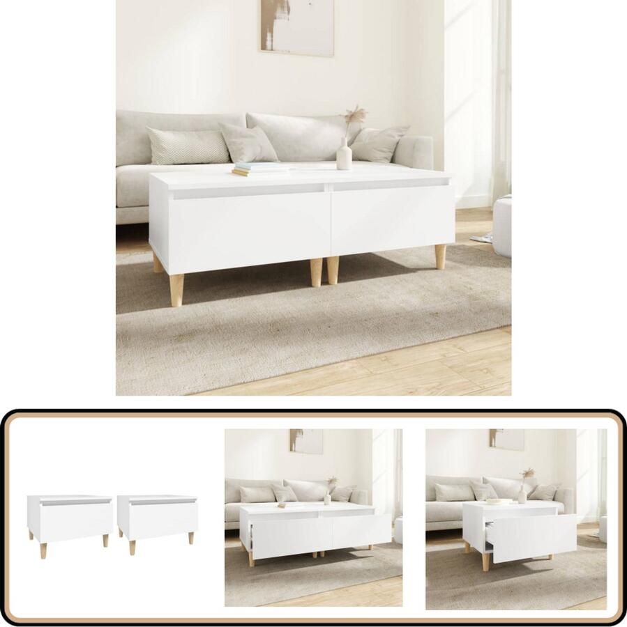 The Living Store Scandinavische Bijzettafels Set van 2 Wit 50 x 46 x 35 cm Stevig hout Ruime opbergruimte Handig blad Natuurlijke houten poten Scandinavisch Design Bijzettafels Houten Meubilair Salontafeltje Opbergruimte - Foto 2