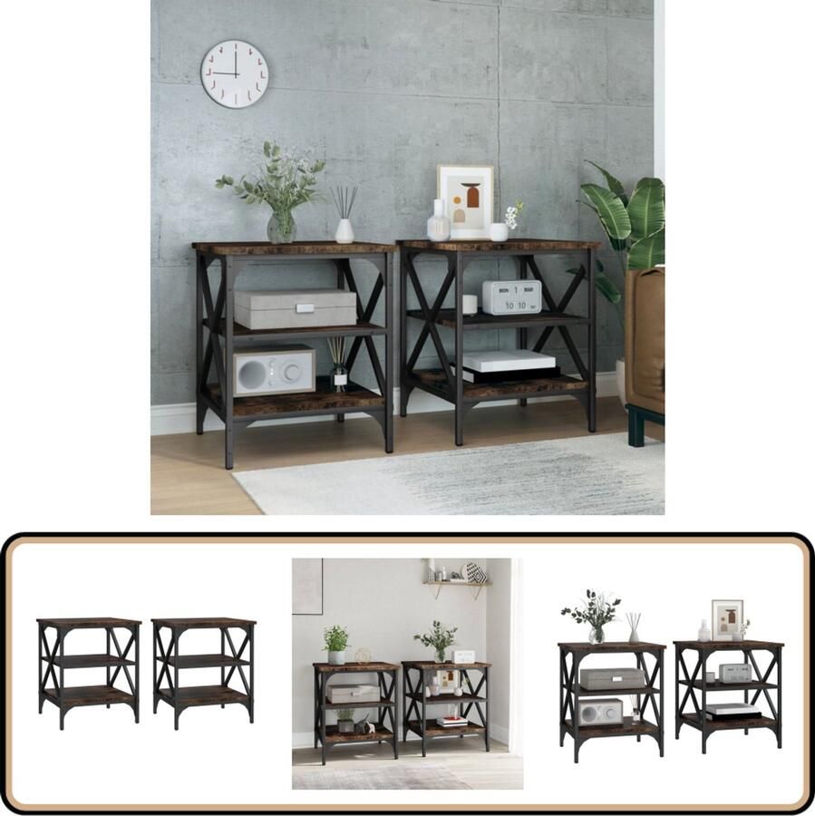 VidaXL Bijzettafels Gerookt Eiken Set van 2 Bijzettafel Industrieel Design Houten Tafels Salontafels Stoere Meubels