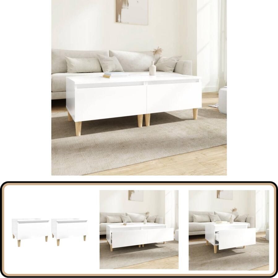 VidaXL Bijzettafels Hoogglans Wit Set van 2 Bijzettafels Scandinavisch Design Witte Tafel Hout Meubels Kastje Met Lade Salontafels