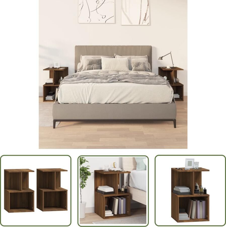 The Living Store Nachtkastjes 2 st 35x35x55 cm bewerkt hout bruin eikenkleur Nachtkastjes Bijzettafels Houten Meubel Slaapkamermeubilair Bruine Eiken Kleur - Foto 2