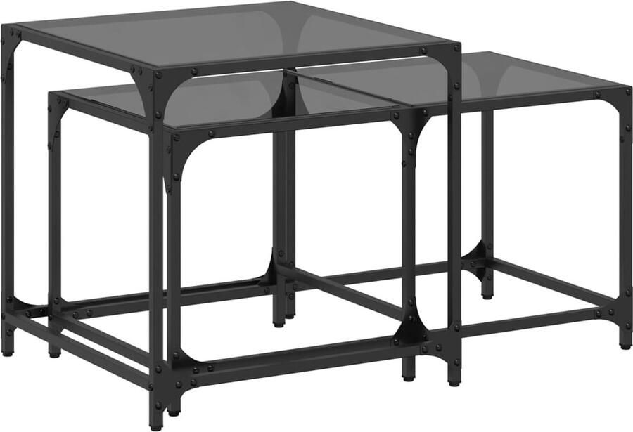 The Living Store 2-delige Tafeltjesset met zwart glazen blad staal Salontafel Glas Tafel Houten Tafel Zwarte Tafel Multifunctionele Tafel