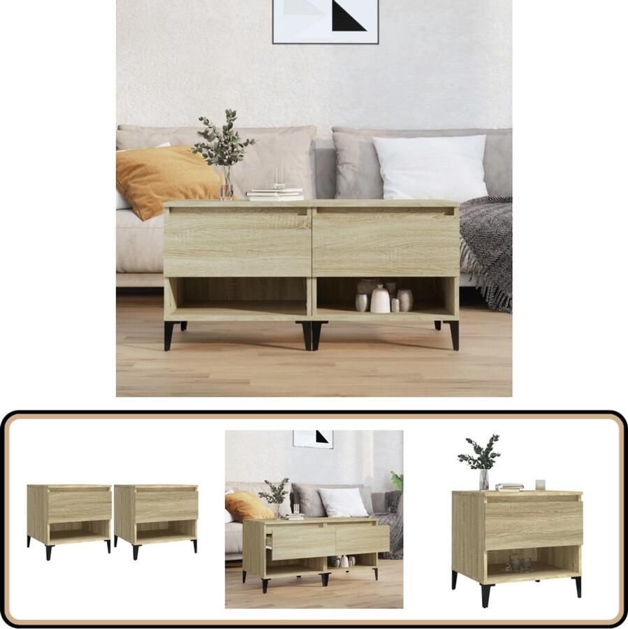 VidaXL Bijzettafels Set van 2 Sonoma Eiken 50x46x50cm Bijzettafels Salontafeltje Industrieel Design Houten Tafel Metaal Poten