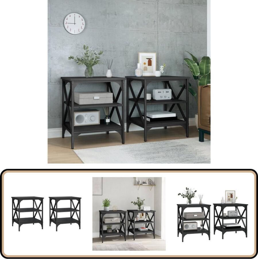 VidaXL Bijzettafels Set van 2 Zwart Bewerkt hout Bijzettafels Industrieel Design Zwarte Bijzet Tafels Houten Bijzettasbel Salontafels