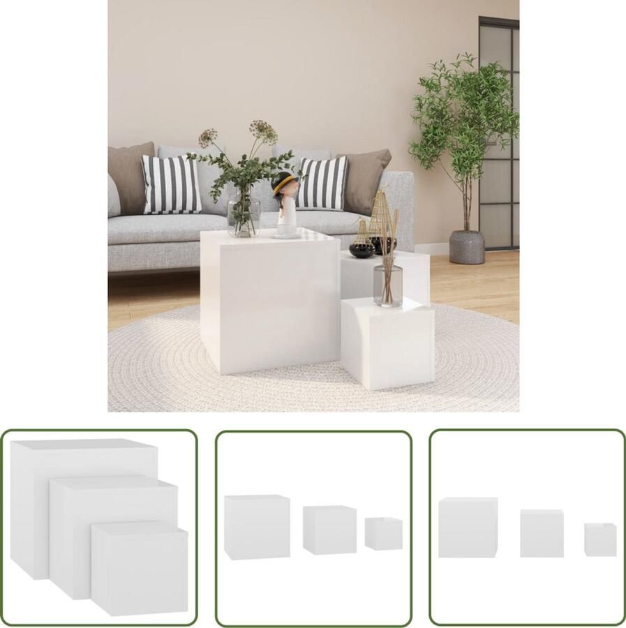 VidaXL Bijzettafels Set van 3 Hoogglans Wit Bijzettafels Spaanplaat Meubilair Witte Meubelen Scandinavische Stijl Basic Design Living Room Decor Side Tables Coffee Table Set