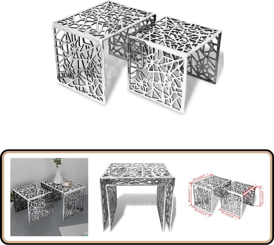 VidaXL Bijzettafels Vierkant Aluminium Set van 2 Bijzettafels Aluminum Meubilair Salontafels Moderne Bijzet Tafels Zilveren Bijzettafels Compact Meubel
