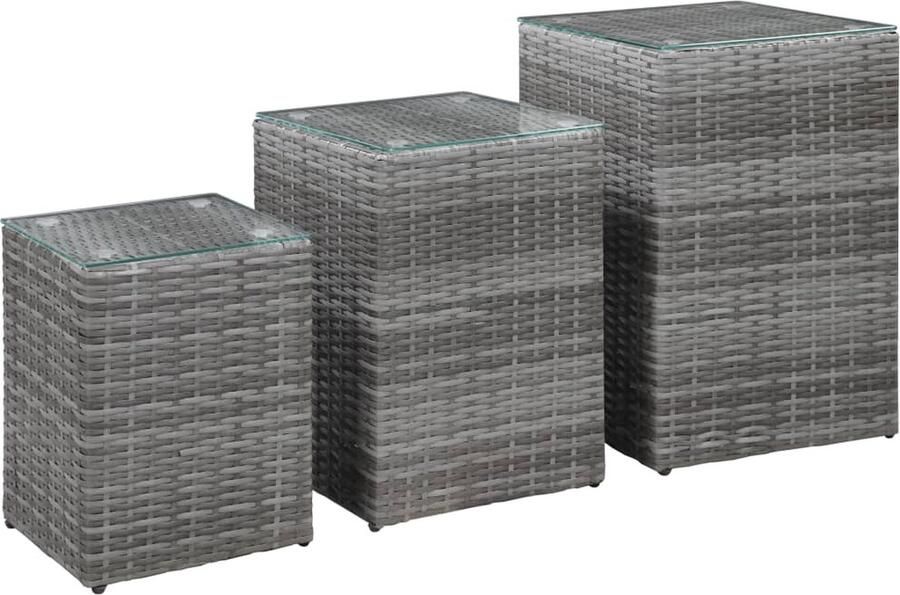 VidaXL Bijzettafelset 3-delig Poly Rattan Grijs Bijzet Tafels Salontafel Teakhouten Meubelen Tuinmeubilair Buitentafel Terrasmeubel Kunststof Meubel Moderne Salontafel Grijze Salontafel Set Bijzettafels Polyrattan - Foto 2