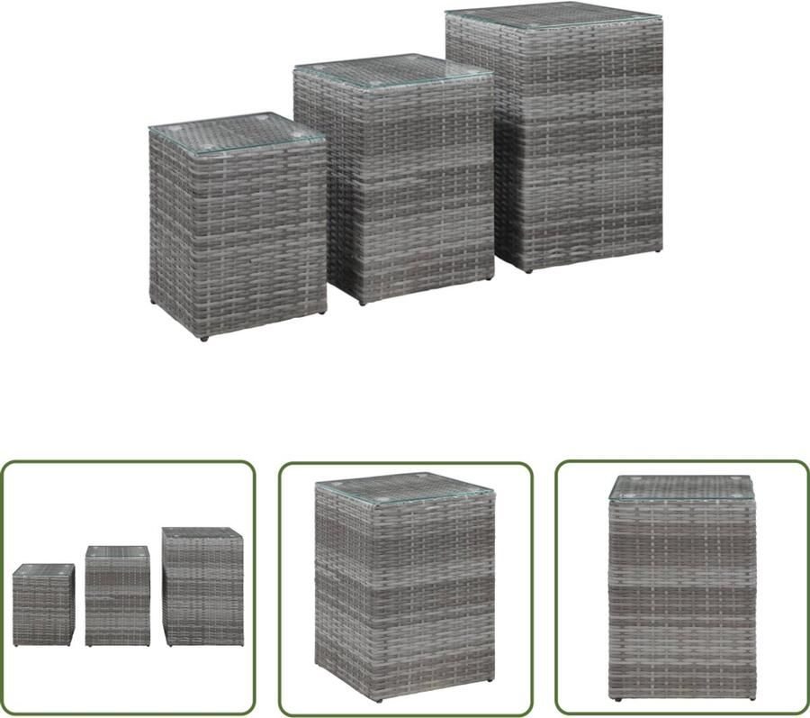 VidaXL Bijzettafelset 3-delig Poly Rattan Grijs Bijzet Tafels Salontafel Teakhouten Meubelen Tuinmeubilair Buitentafel Terrasmeubel Kunststof Meubel Moderne Salontafel Grijze Salontafel Set Bijzettafels Polyrattan