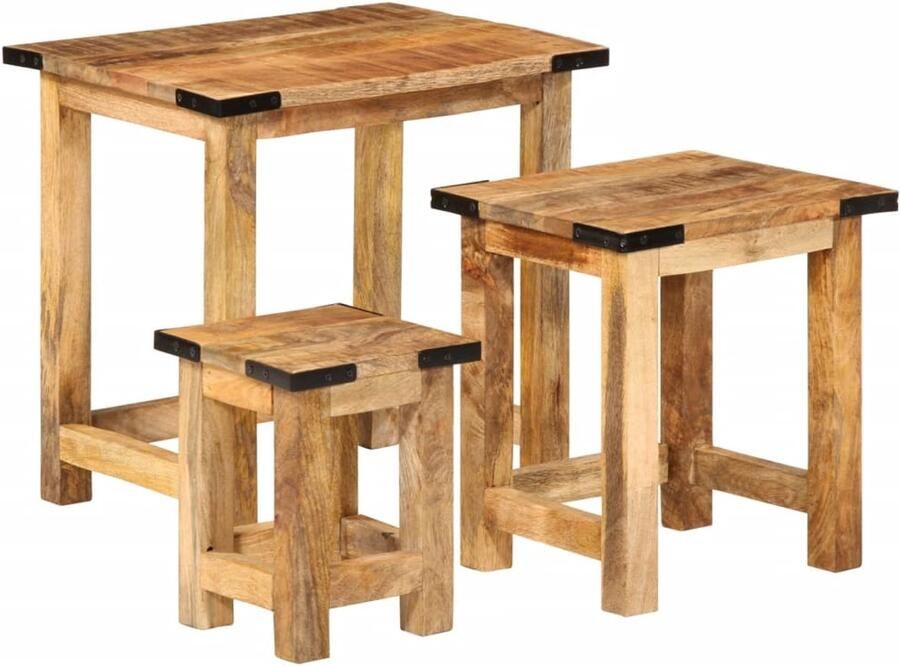 VidaXL Bijzettafelset 3 Stuks Massief Mangohout Bijzettafel Industrieel Design Mangohout Woonaccessoires Interieurdecoratie