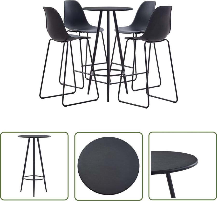 The Living Store Barset Bistro Zwart á 60 x 107.5 cm MDF Staal 4x 48 x 57 x 112.5 cm Kunststof zitting Bar Set Bistro Set Eetkamerset Zwarte Barset Bartafel