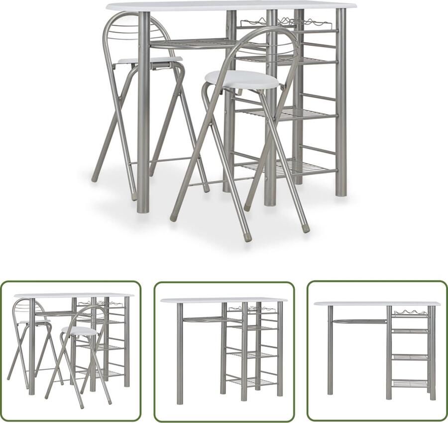 The Living Store Barset 3-delig Hout en staal 117x40x85 cm Inklapbaar Wit en zilver Barset Bistrotafel Houten Barstoel Eetkamerset Salon Meubilair