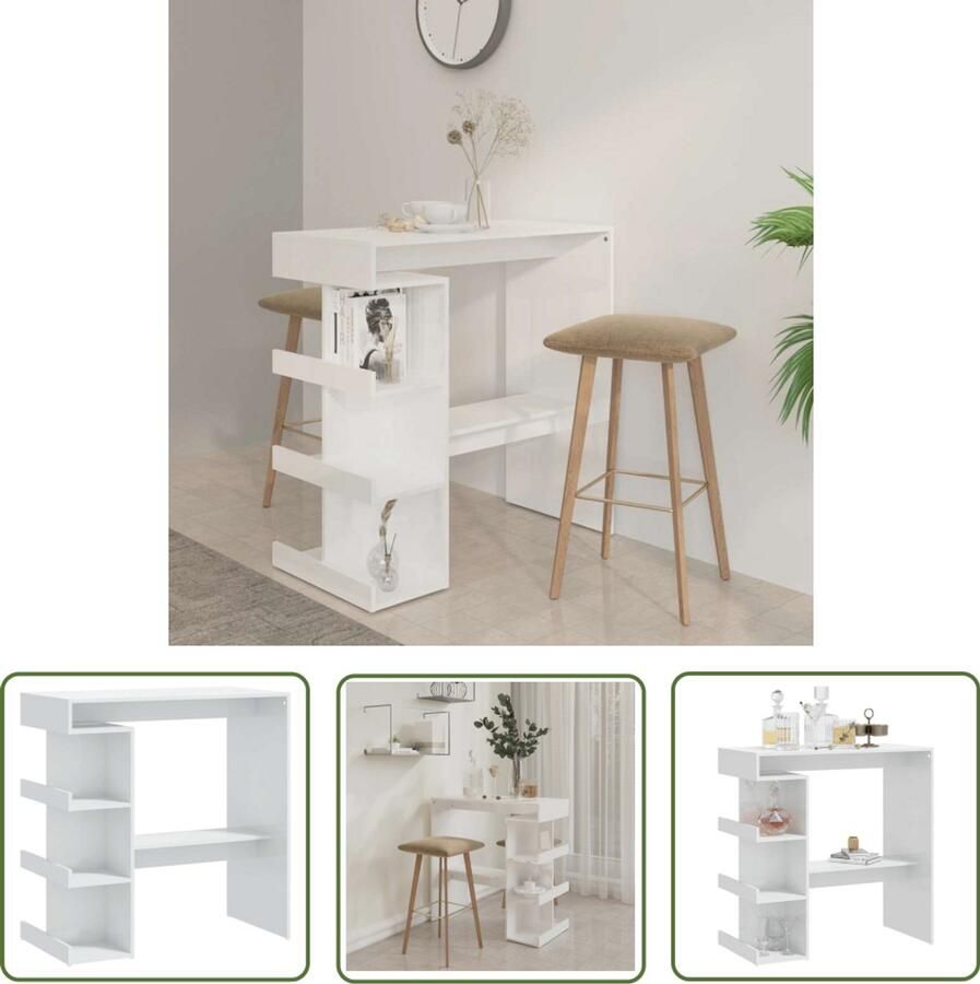 The Living Store Bartafel Bistrotafel Hoogglans wit 100 x 50 x 101.5 cm 3 opbergrekken Bartafel Bistrotafel Witte Bartafel Houten Bartafel Met Opbergvakken - Foto 2