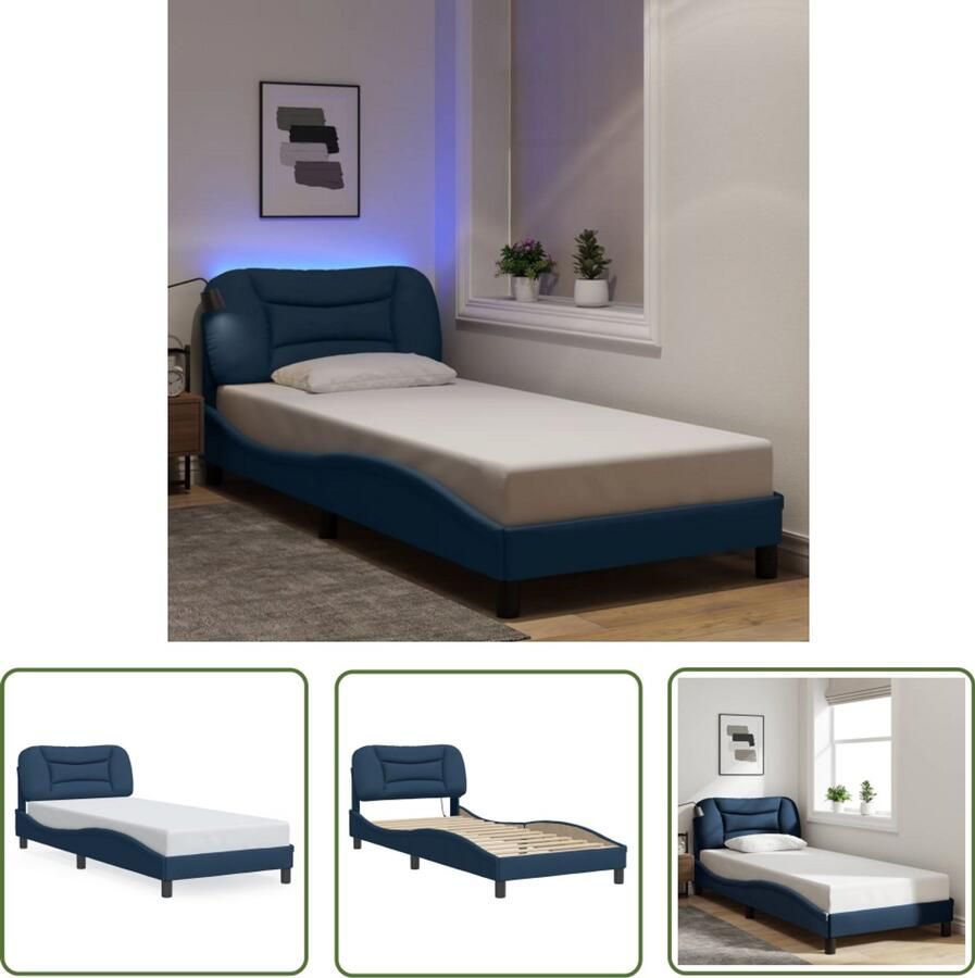 VidaXL Blauwe Bedbank Comfortabel Bed Frame Bedframe met LED zonder matras Hvar 80x200 cm stof blauw Led Lampen Bed Stoffen Bedframe Tweepersoons Bed